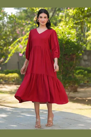 Janasya Women Red Rayon Solid Tiered Dress