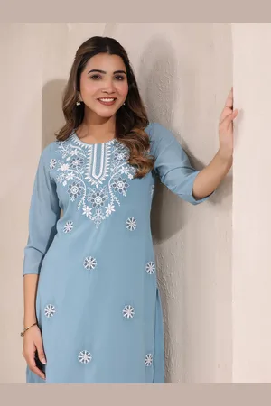Janasya Women Light Blue Georgette Embroidered Straight Kurta