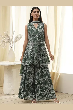 Biba Floral Printed V-Neck Pure Cotton A-Line Kurta With Palazzo & Dupatta