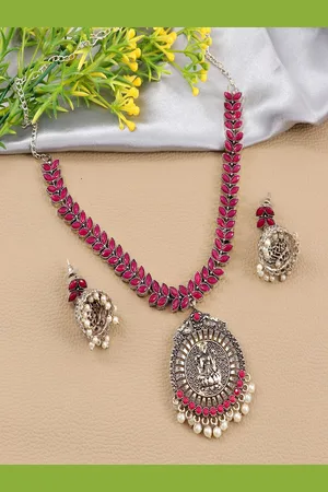 Anouk Silver-Plated Artificial Stones Studded & Beads Goddess Lakshmi Temple Jewellery Set