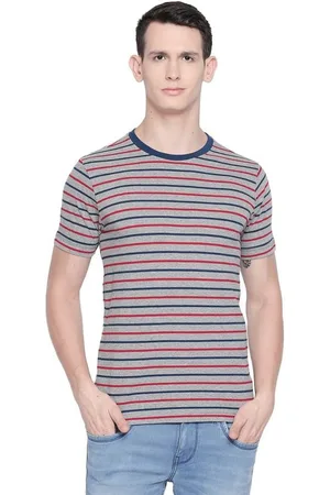Basics Men Striped Round Neck Cotton Boxy T-shirt