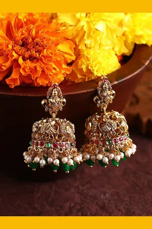 Priyaasi Gold-Plated Stone Studded & Beaded Matte Elegance Goddess Jhumkas