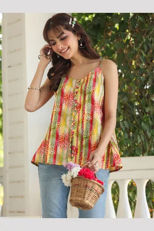 Janasya Floral Print Cotton Top