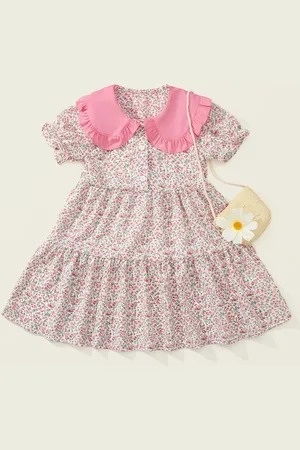 LULU & SKY Girls Floral Printed Peter Pan Collar A-Line Dress With Bag