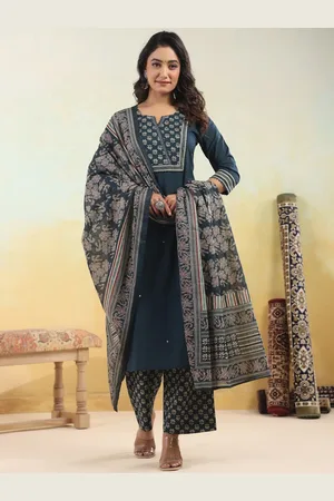 AUTUMN LANE Floral Printed Notch Neck Pure Cotton Straight Kurta With Trousers And Dupatta