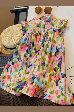 LULU & SKY Girls Cotton Floral Print Flutter Sleeve Knee Length A-Line Dress