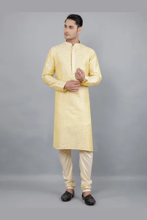 Manish Creations Floral Woven Design Mandarin Collar Jacquard Straight Kurta With Churidar