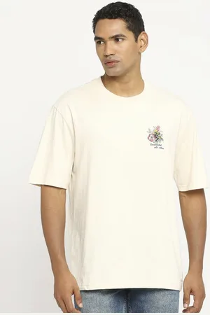 Basics Men Floral Printed Round Neck Cotton Relaxed Fit T-shirt