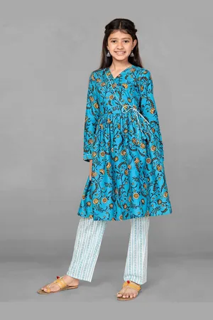 Sangria Girls Printed Cotton V- Neck Kurta & Trouser Set