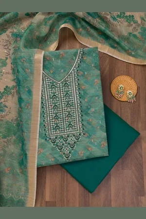 Koskii Ethnic Motifs Embroidered Sequinned Raw Silk Unstitched Dress Material