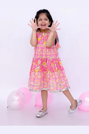 BownBee Girls Floral Printed Cotton A-Line Midi Dress