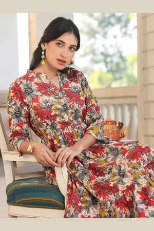 Janasya Women Multicolor Pure Cotton Floral Printed Tiered Dress