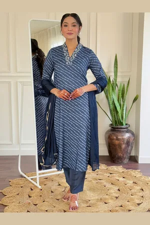 Lilots Leheriya Printed V-Neck Thread Work Muslin Kurta With Trousers & Dupatta