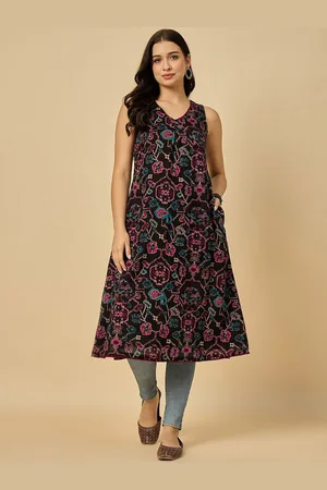 Azira Floral Printed V-Neck Muslin Anarkali Kurta