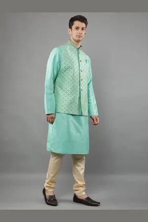 Manish Creations Mandarin Collar Kurta With Churidar And Nehru Jacket