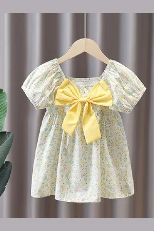 LULU & SKY Girls Floral Printed Bow Detail A-Line Dress