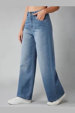 DOLCE CRUDO Women Wide Leg High-Rise Light Fade Stretchable Jeans