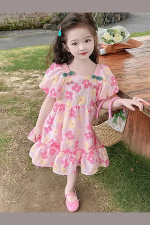 LULU & SKY Girl Floral Print Pom-Pom Detail Puff Sleeves Fit & Flare Dress