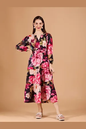 DressBerry Floral Print Bell Sleeve Fit & Flare Midi Dress