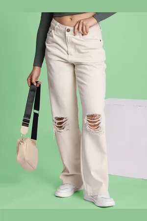 Bene Kleed Women Ecru Straight Fit Mid-Rise Slash Knee Jeans