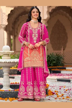 AUTUMN LANE Floral Embellished U-neck Straight Kurta With Sharara And Dupatta