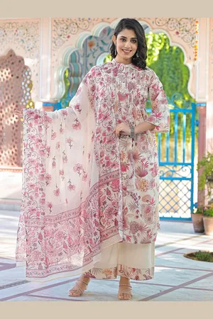 AUTUMN LANE Floral Printed Mandarin Collar Pure Cotton Kurta With Palazzo & Dupatta