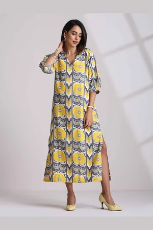 trueBrowns Women Yellow Cotton Ikat Slit Dress