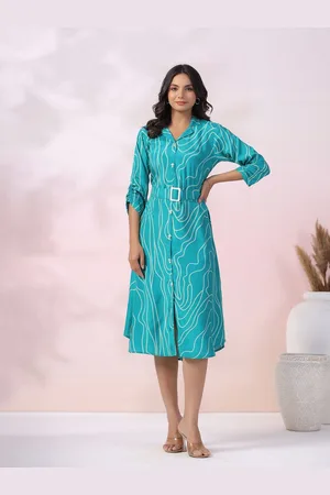 JISORA Women Blue Printed Russian Silk Shirt Dress