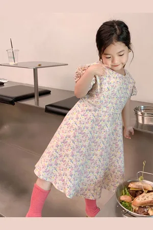 LULU & SKY Girls Floral Printed Round Neck Puff Sleeve A-Line Dress