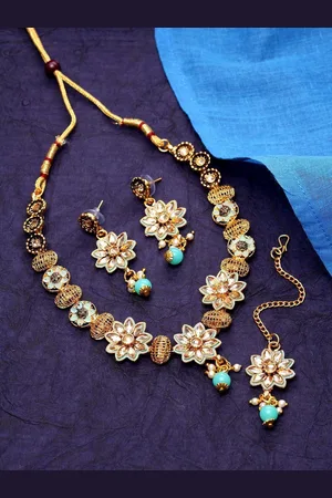 Anouk Blue Gold-Plated Artificial Stones Studded And Kundan Beaded Jewellery Set