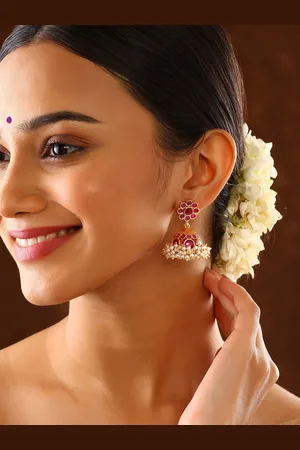 Priyaasi Gold-Plated Stone Studded & Beaded Dome Shaped Jhumkas