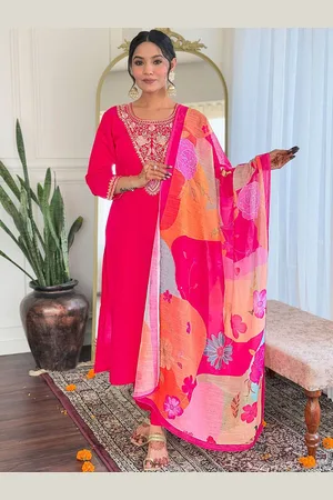 Lilots Floral Yoke Design Round Neck Sequinned Straight Kurta With Trousers & Dupatta