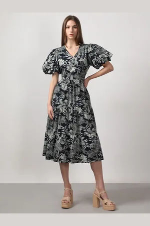 VERO MODA Tropical Print Puff Sleeve Fit & Flare Midi Dress