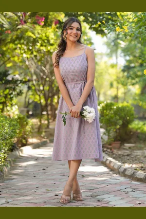Janasya Women Lavender Pure Cotton Floral Printed A-Line Dress