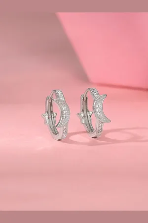 GIVA Rhodium Plated 925 Sterling Silver Zircon Studded Half Moon Hoop Earrings