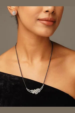 ABDESIGNS Silver Plated American Diamond Studded & Beaded Mangalsutra Set