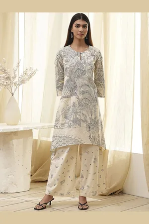 Biba Floral Printed Keyhole Neck Asymmetric Pure Cotton Straight Kurta With Palazzos
