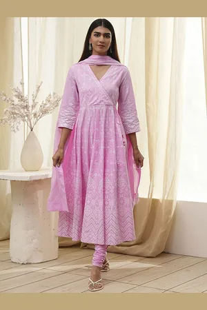 Biba Geometric Printed V-Neck Angrakha Pure Cotton Anarkali Kurta With Leggings & Dupatta