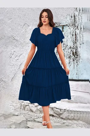 Kalini Sweetheart Neck Flared Sleeves Tiered Fit and Flare Midi Dress