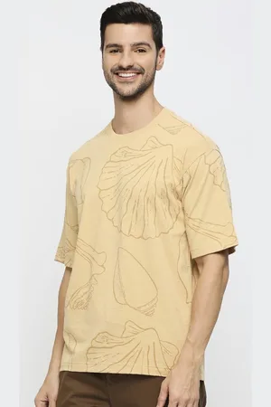 Basics Men Floral Printed Round Neck Cotton Relaxed Fit T-shirt