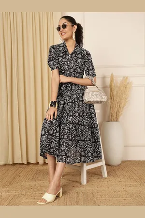 Kalini Floral Print Puff Sleeve Pure Cotton Fit & Flare Midi Dress