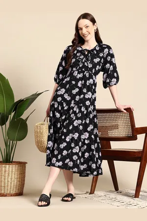 Mast & Harbour Floral Print Tie-Up Neck Tiered Midi A-Line Dress