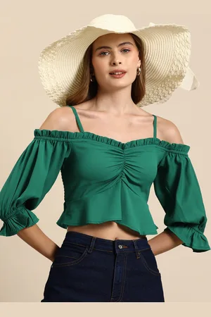 Mast & Harbour Off-Shoulder Puff Sleeves Bardot Crop Top
