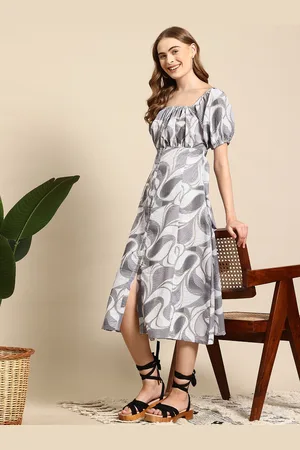 Mast & Harbour Printed Puff Sleeves A-Line Midi Dress