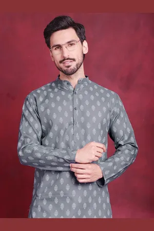 Jompers Ethnic Motifs Printed Band Collar Pure Cotton Straight Kurta with Churidar