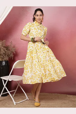Kalini Women Floral Printed Shirt Collar Puff Sleeves Cotton Shirt Midi Dress