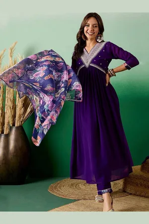 Lilots Floral Embroidered V-Neck A-Line Thread Work Kurta With Trousers And Dupatta