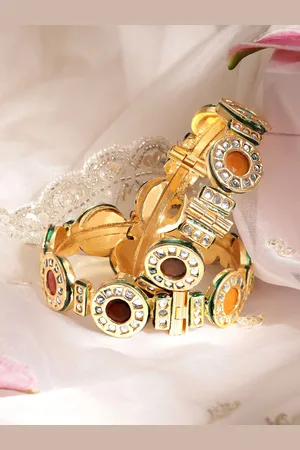 Rubans Set of 2 22K Gold Plated Gemstone Kundan Studded with Green Border Bangle