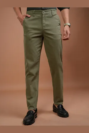 Highlander Men Olive Green Solid Tapered Fit Chinos Trousers