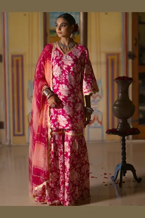anayna Women Floral Printed Regular Gotta Patti Kurta with Sharara & With Dupatta